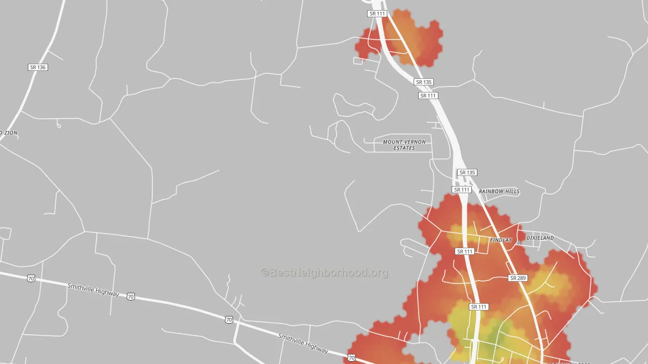 Walk Grade map of Findlay, TN, walkable areas in green and car-dependent areas in red