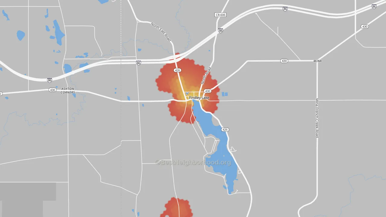 Walk Grade map of Findley Lake, NY, walkable areas in green and car-dependent areas in red