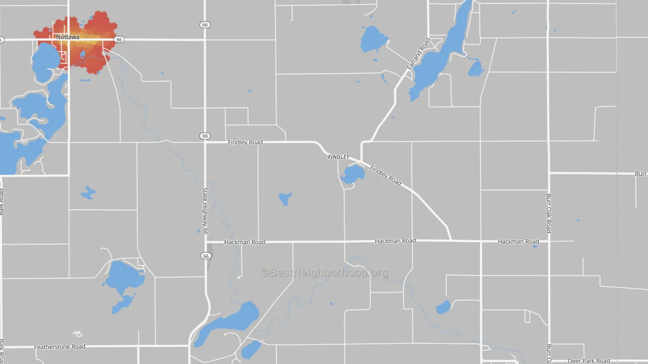 Walk Grade map of Findley, MI, walkable areas in green and car-dependent areas in red