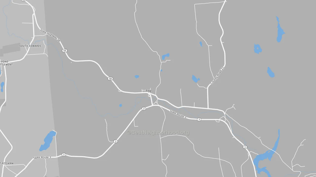 Walk Grade map of Fine, NY, walkable areas in green and car-dependent areas in red