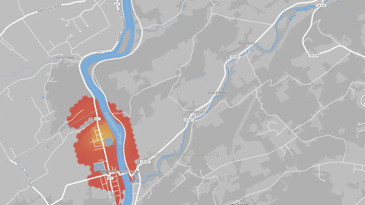 Walk Grade map of Finesville, NJ, walkable areas in green and car-dependent areas in red
