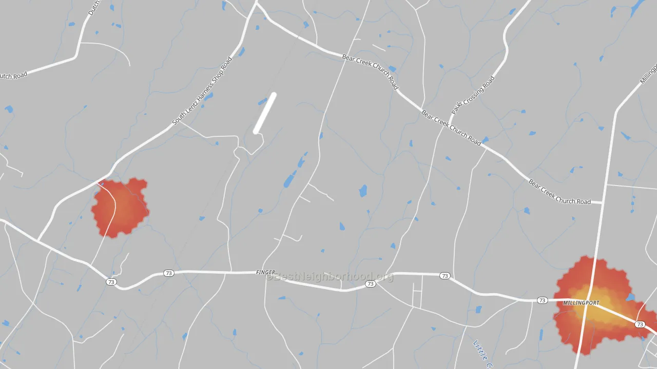 Walk Grade map of Finger, NC, walkable areas in green and car-dependent areas in red