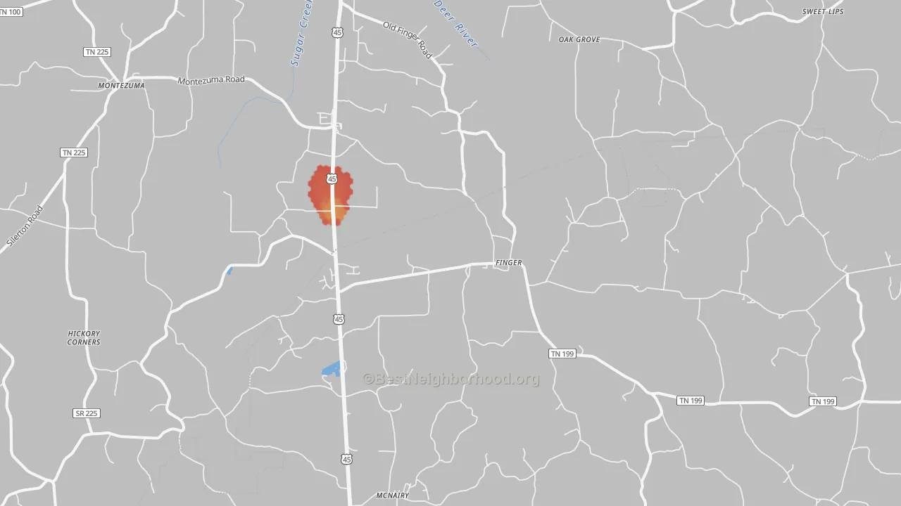 Walk Grade map of Finger, TN, walkable areas in green and car-dependent areas in red