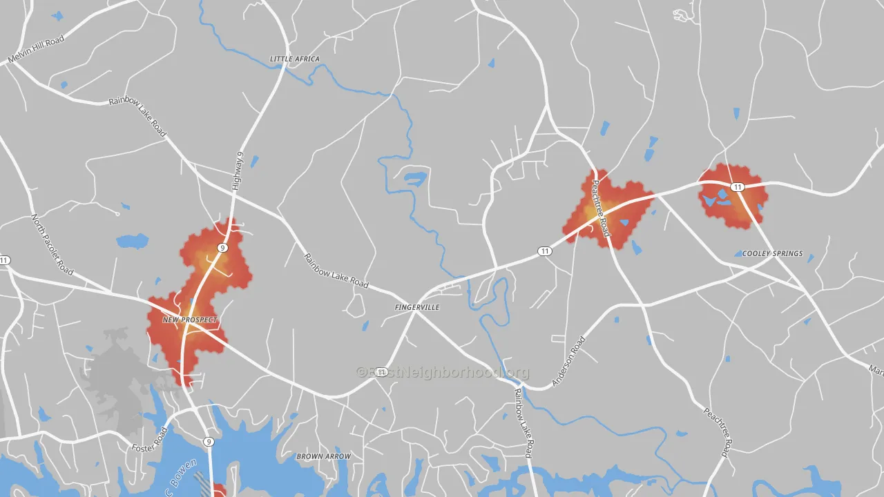 Walk Grade map of Fingerville, SC, walkable areas in green and car-dependent areas in red