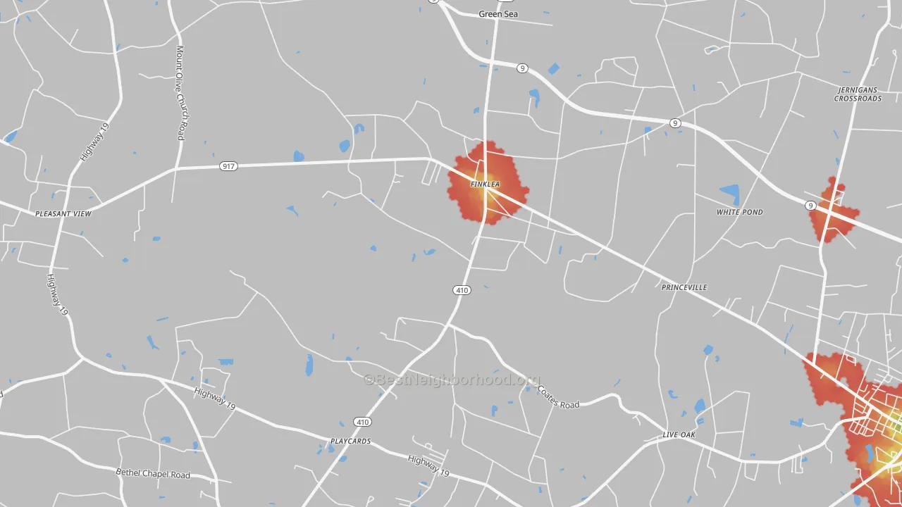 Walk Grade map of Finklea, SC, walkable areas in green and car-dependent areas in red