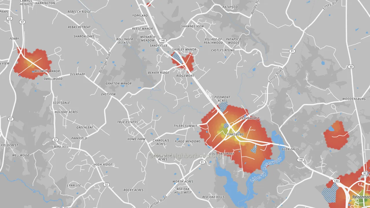 Walk Grade map of Finksburg, MD, walkable areas in green and car-dependent areas in red