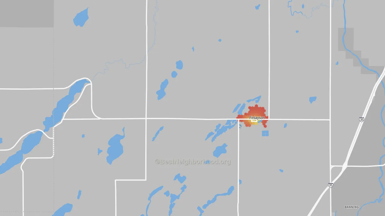 Walk Grade map of Finlayson, MN, walkable areas in green and car-dependent areas in red