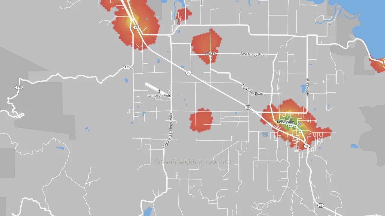 Walk Grade map of Finley, CA, walkable areas in green and car-dependent areas in red