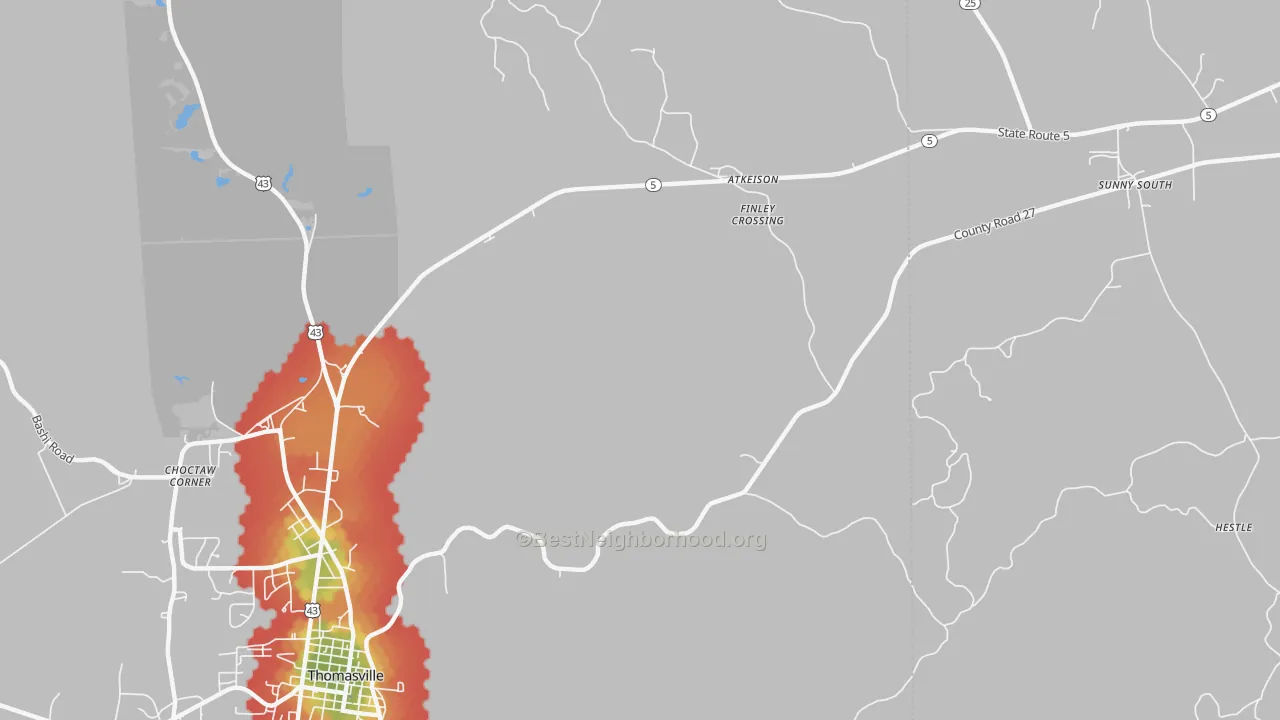 Walk Grade map of Finley Crossing, AL, walkable areas in green and car-dependent areas in red