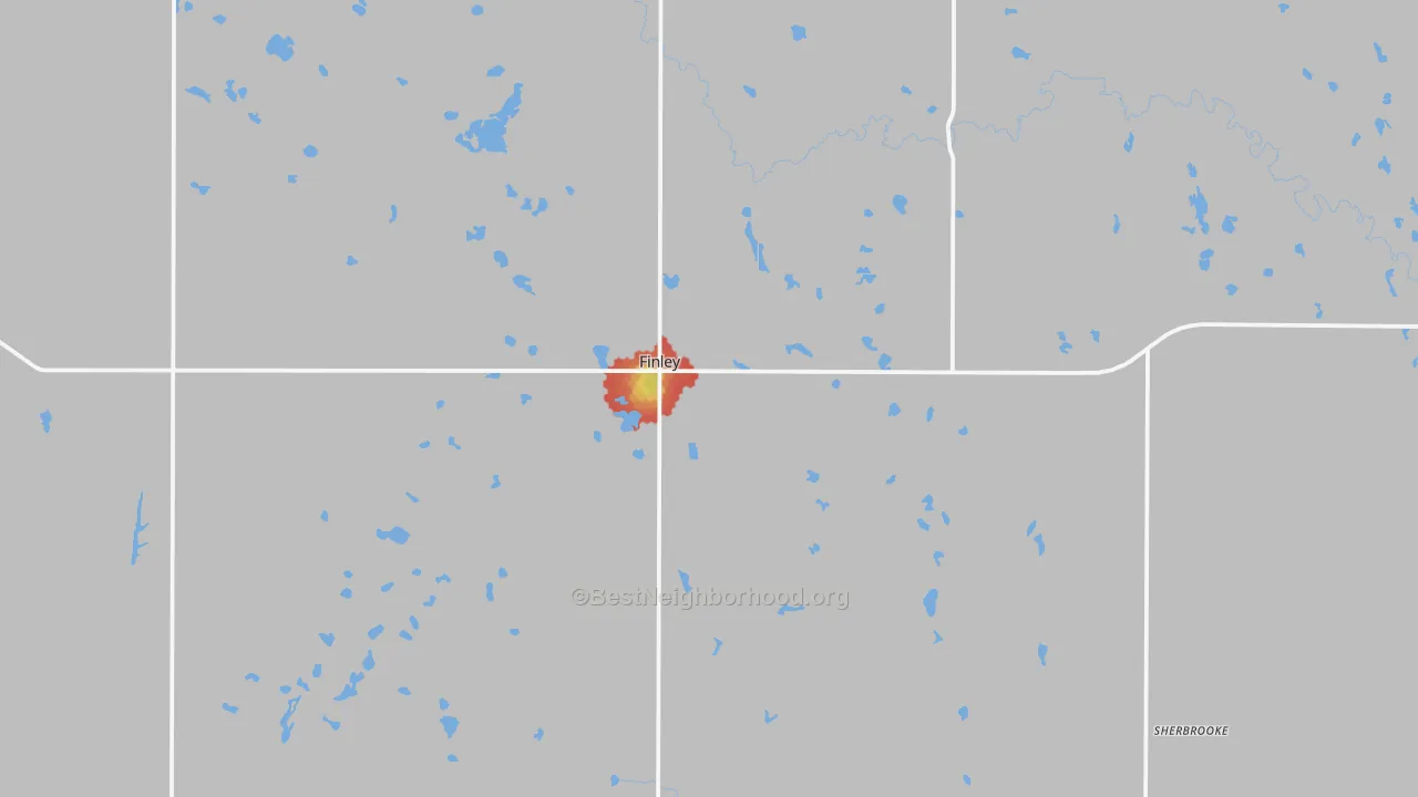 Walk Grade map of Finley, ND, walkable areas in green and car-dependent areas in red