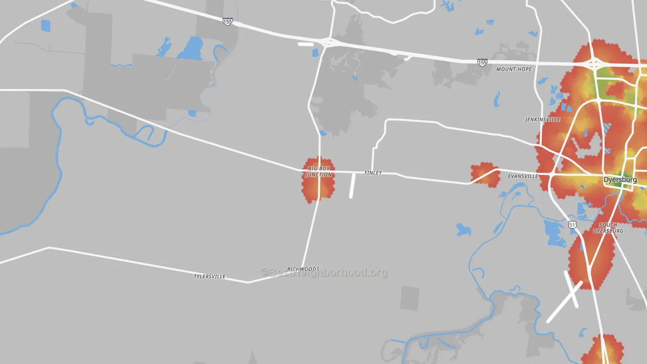 Walk Grade map of Finley, TN, walkable areas in green and car-dependent areas in red