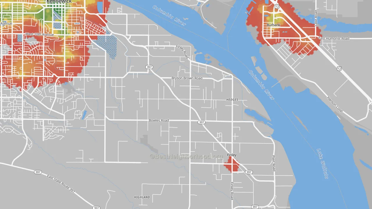 Walk Grade map of Finley, WA, walkable areas in green and car-dependent areas in red