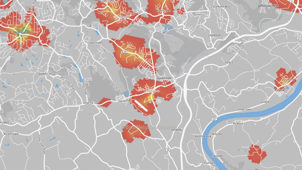 Walk Grade map of Finleyville, PA, walkable areas in green and car-dependent areas in red