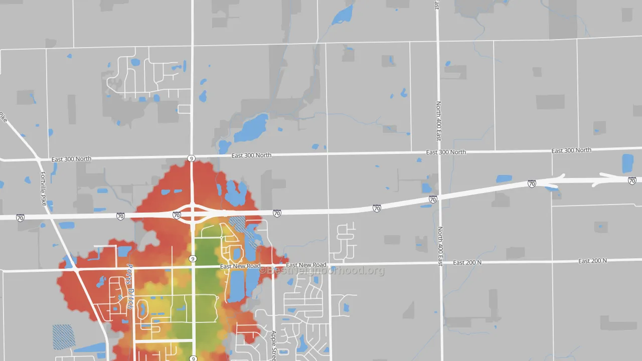 Walk Grade map of Finly, IN, walkable areas in green and car-dependent areas in red