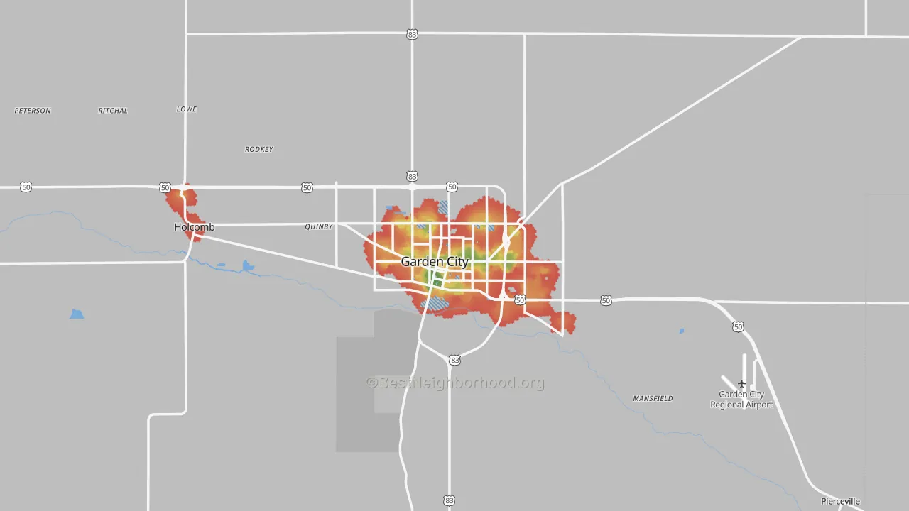 Walk Grade map of Finney County, KS, walkable areas in green and car-dependent areas in red