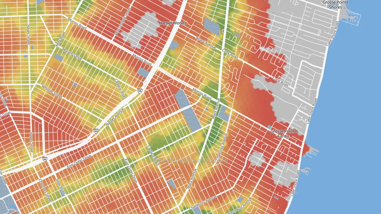 Walk Grade map of Finney, Grosse Pointe, MI, walkable areas in green and car-dependent areas in red