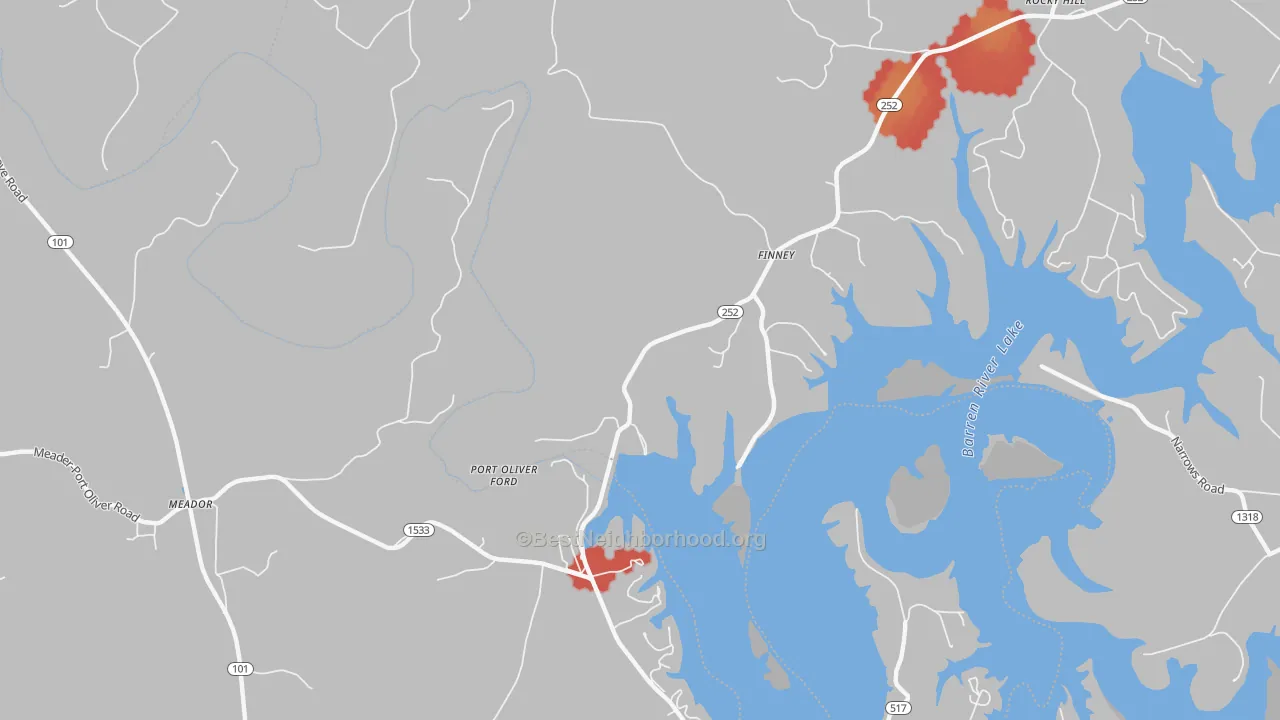 Walk Grade map of Finney, KY, walkable areas in green and car-dependent areas in red
