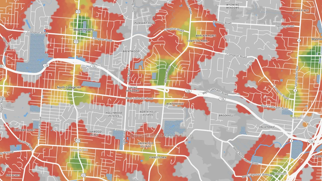 Walk Grade map of Finneytown, OH, walkable areas in green and car-dependent areas in red