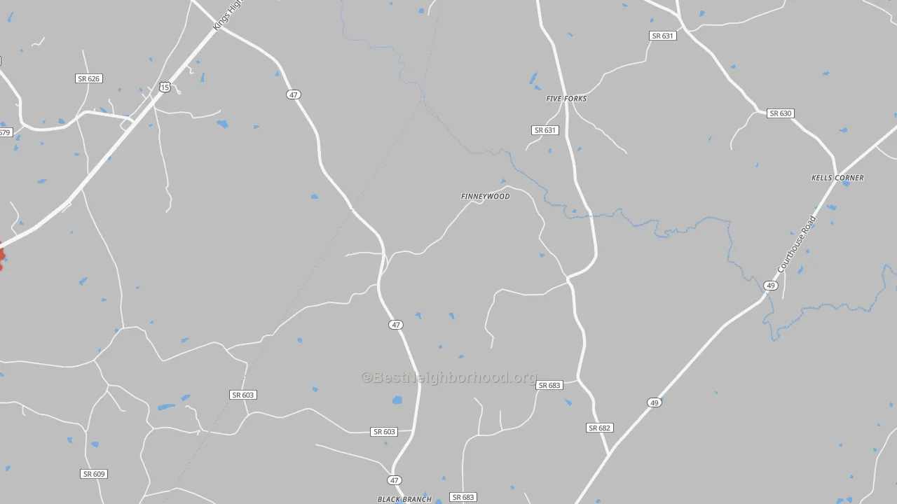 Walk Grade map of Finneywood, VA, walkable areas in green and car-dependent areas in red