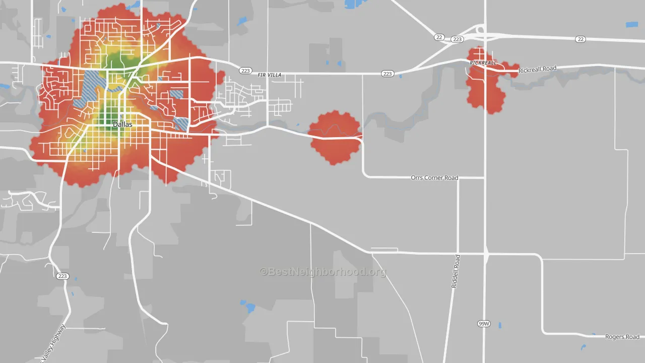 Walk Grade map of Fir Villa, OR, walkable areas in green and car-dependent areas in red