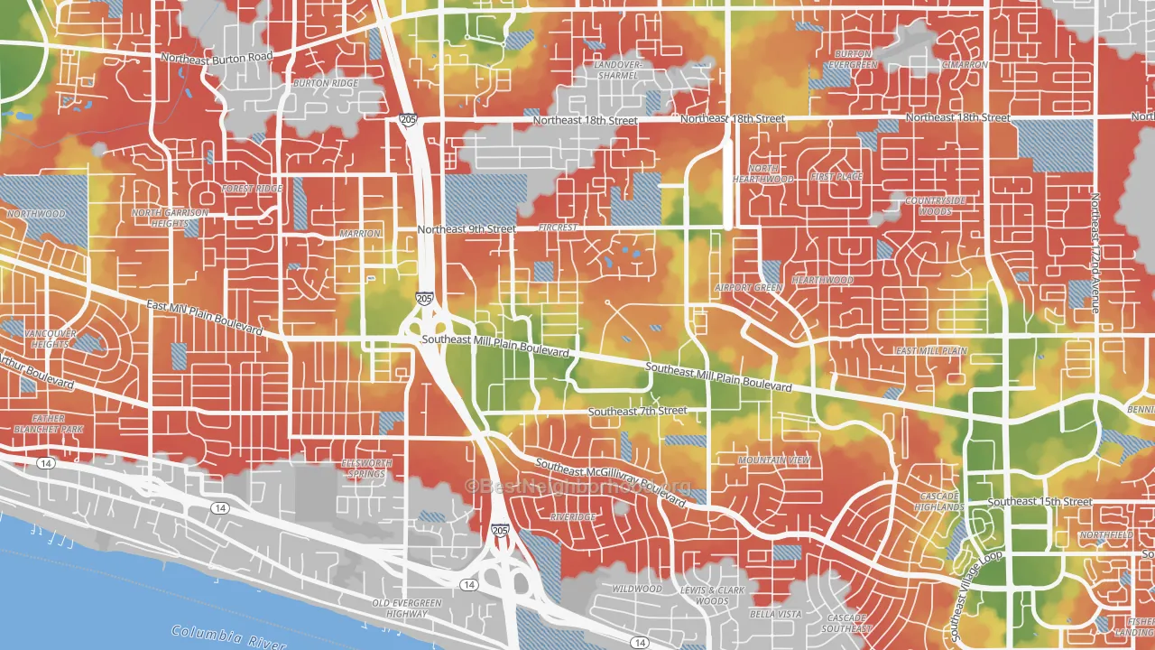 Walk Grade map of Fircrest, Vancouver, WA, walkable areas in green and car-dependent areas in red