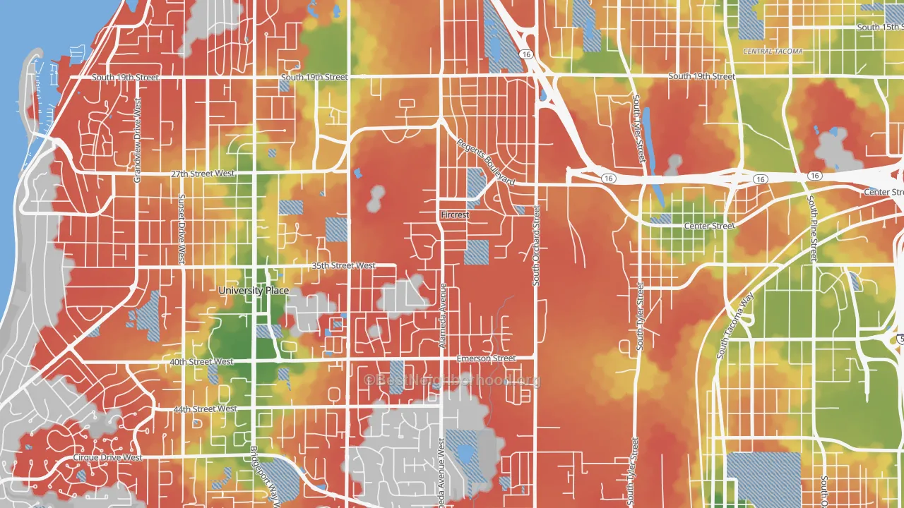 Walk Grade map of Fircrest, WA, walkable areas in green and car-dependent areas in red