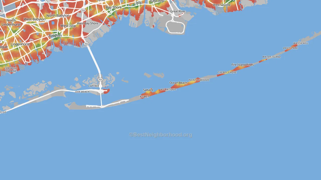 Walk Grade map of Fire Island, NY, walkable areas in green and car-dependent areas in red
