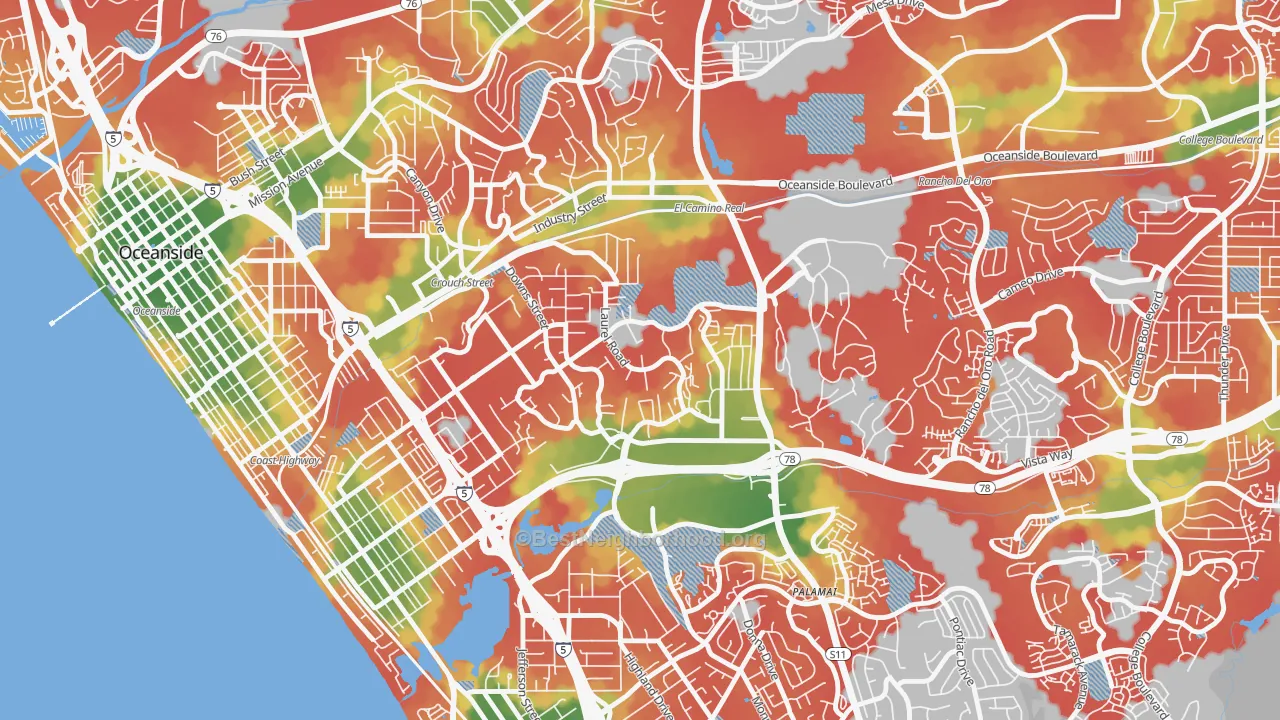 Walk Grade map of Fire Mountain, Oceanside, CA, walkable areas in green and car-dependent areas in red