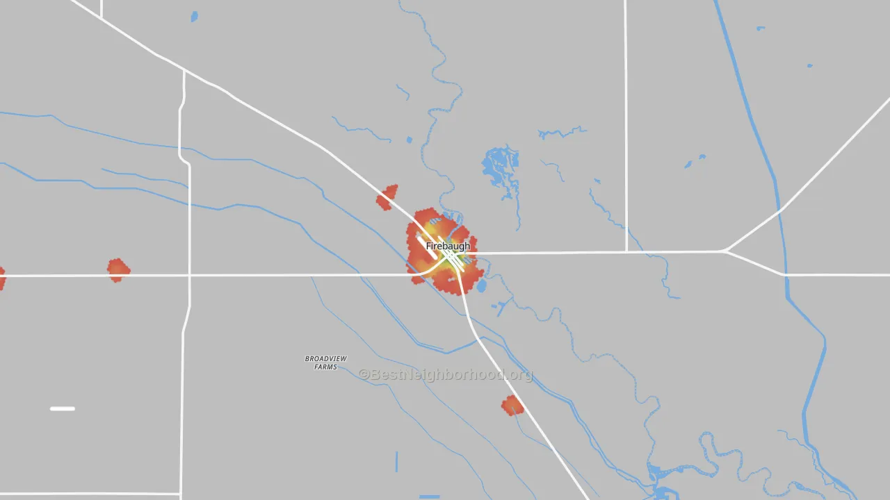Walk Grade map of Firebaugh, CA, walkable areas in green and car-dependent areas in red