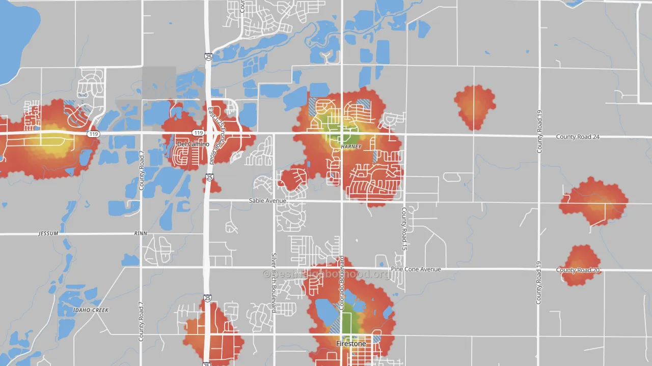Walk Grade map of Firestone, CO, walkable areas in green and car-dependent areas in red
