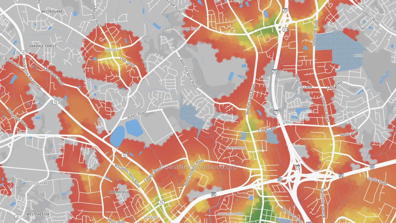 Walk Grade map of Firestone-Garden Park, Charlotte, NC, walkable areas in green and car-dependent areas in red