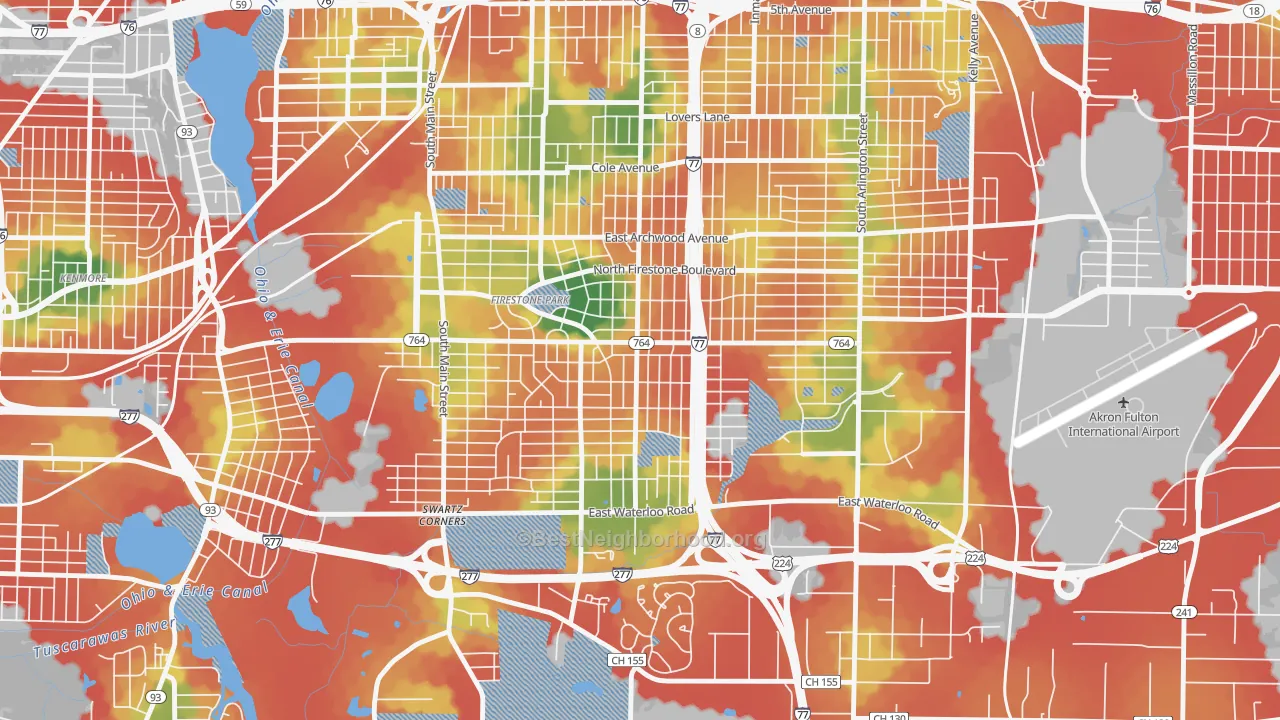 Walk Grade map of Firestone Park, Akron, OH, walkable areas in green and car-dependent areas in red