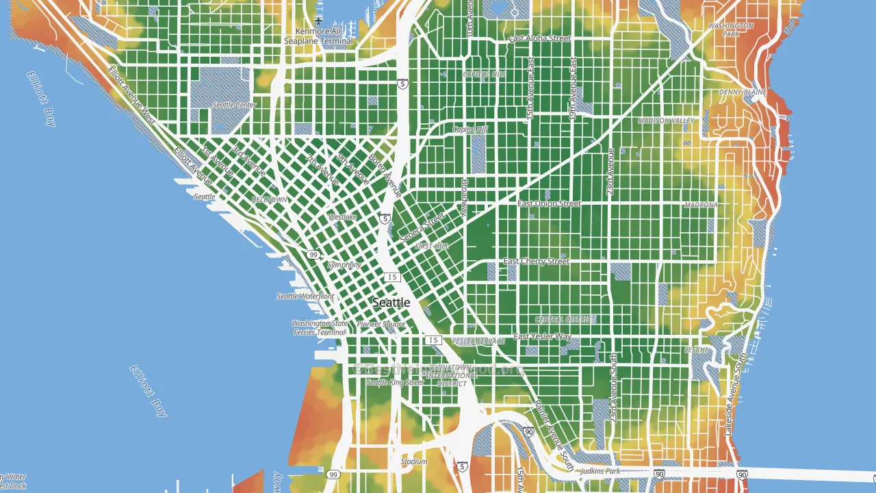 Walk Grade map of First Hill, Seattle, WA, walkable areas in green and car-dependent areas in red