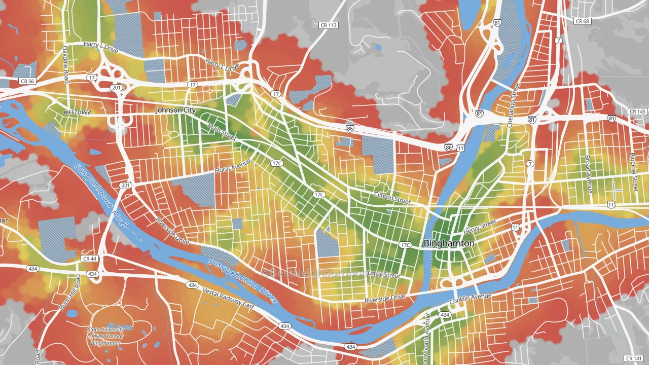 Walk Grade map of First Ward, Binghamton, NY, walkable areas in green and car-dependent areas in red
