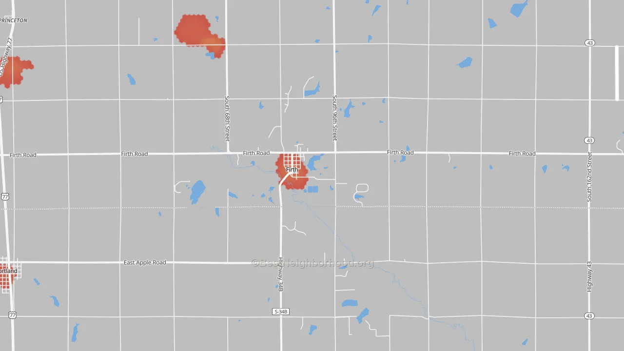Walk Grade map of Firth, NE, walkable areas in green and car-dependent areas in red