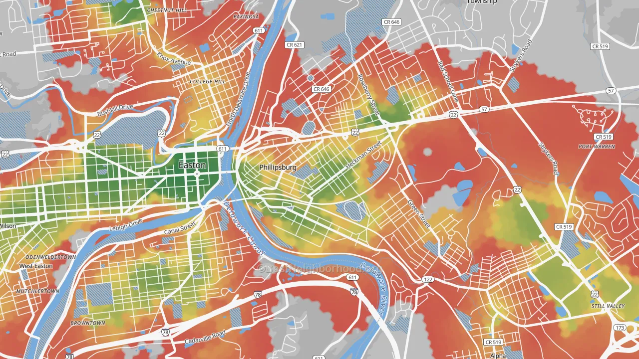 Walk Grade map of Firthtown, Phillipsburg, NJ, walkable areas in green and car-dependent areas in red