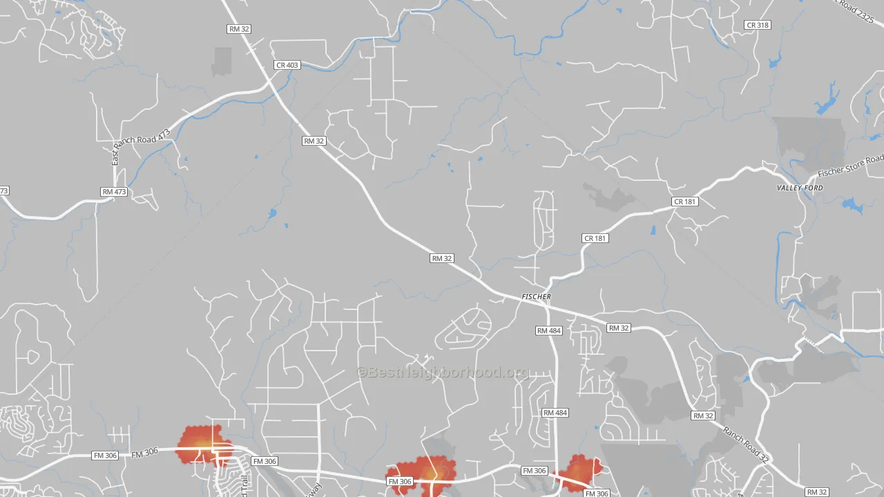 Walk Grade map of Fischer, TX, walkable areas in green and car-dependent areas in red
