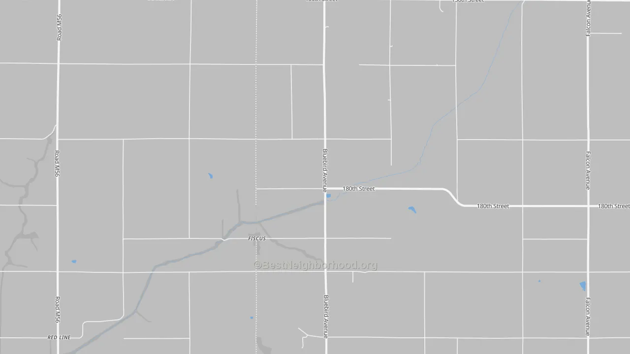 Walk Grade map of Fiscus, IA, walkable areas in green and car-dependent areas in red