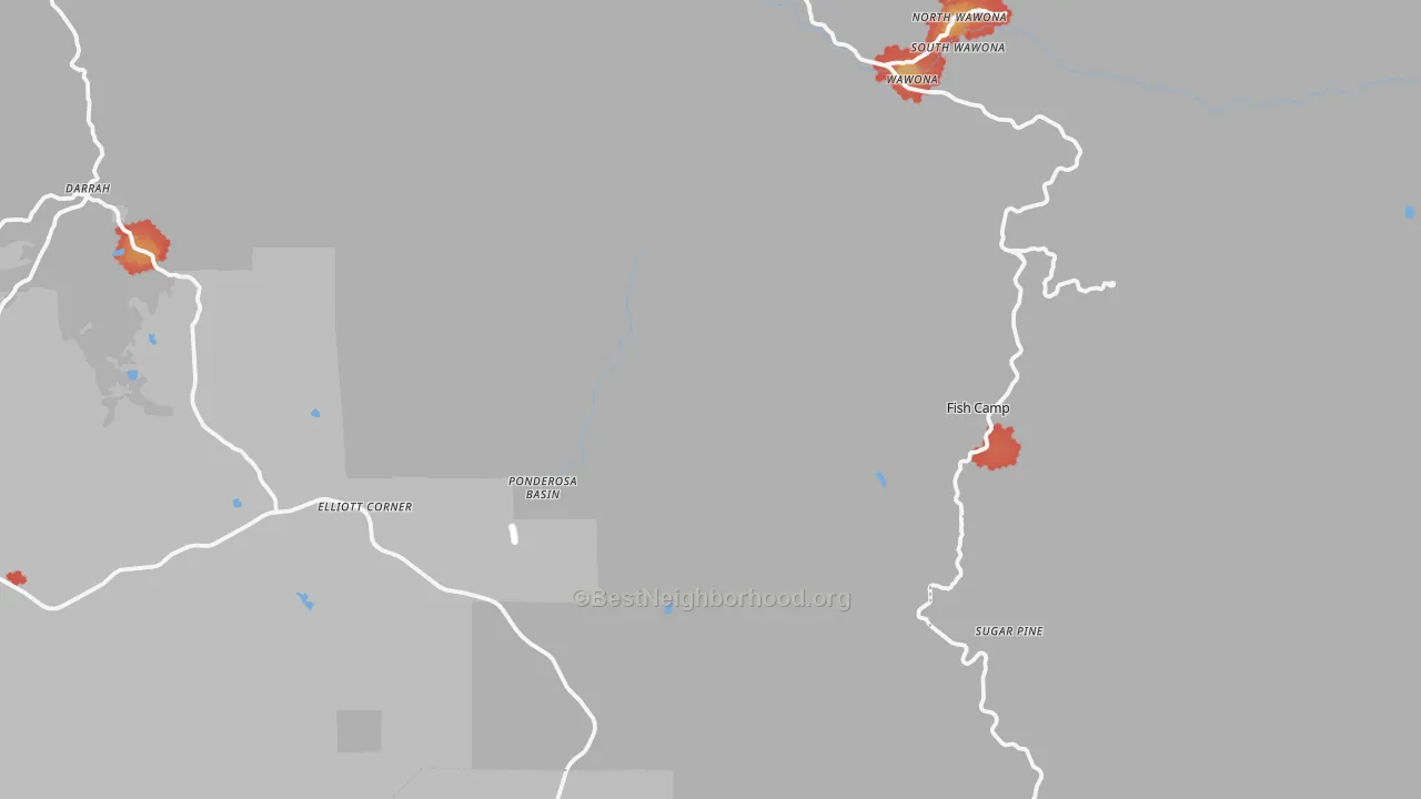 Walk Grade map of Fish Camp, CA, walkable areas in green and car-dependent areas in red