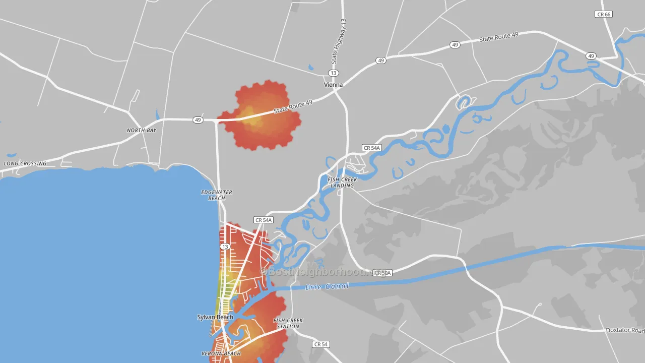 Walk Grade map of Fish Creek Landing, NY, walkable areas in green and car-dependent areas in red