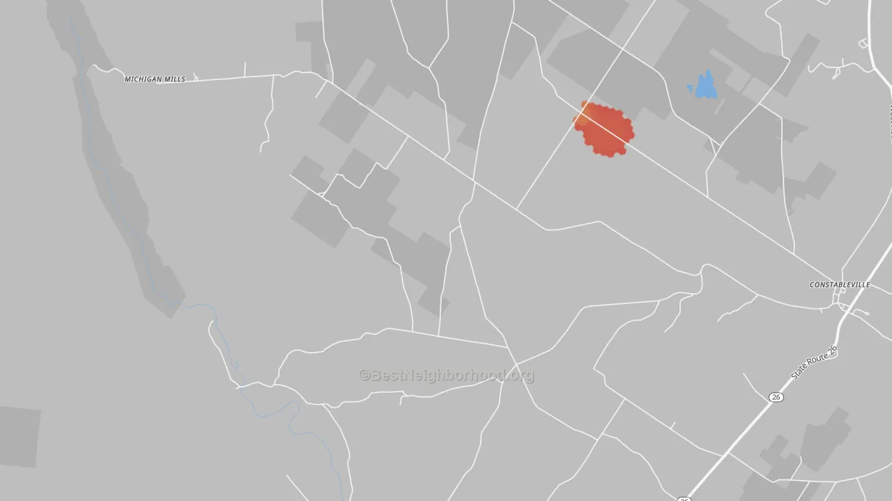 Walk Grade map of Fish Creek, NY, walkable areas in green and car-dependent areas in red