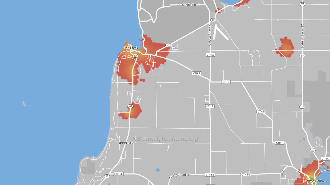 Walk Grade map of Fish Creek, WI, walkable areas in green and car-dependent areas in red