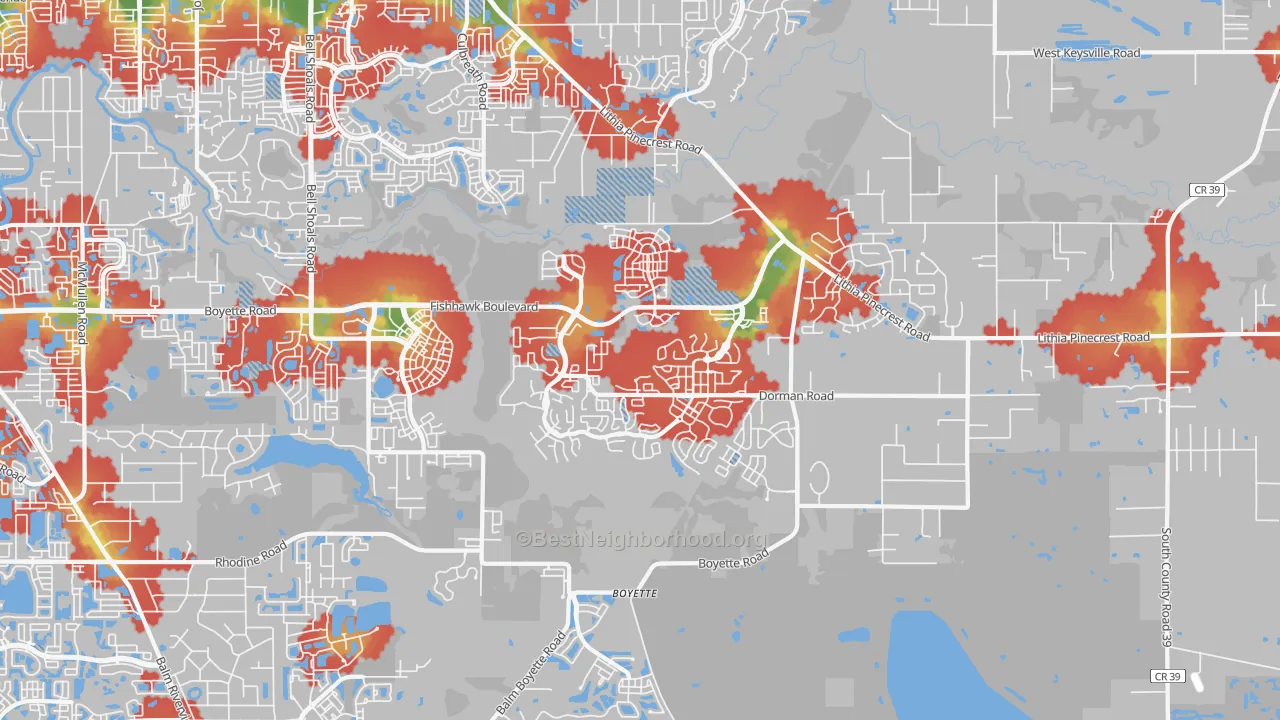 Walk Grade map of Fish Hawk, FL, walkable areas in green and car-dependent areas in red