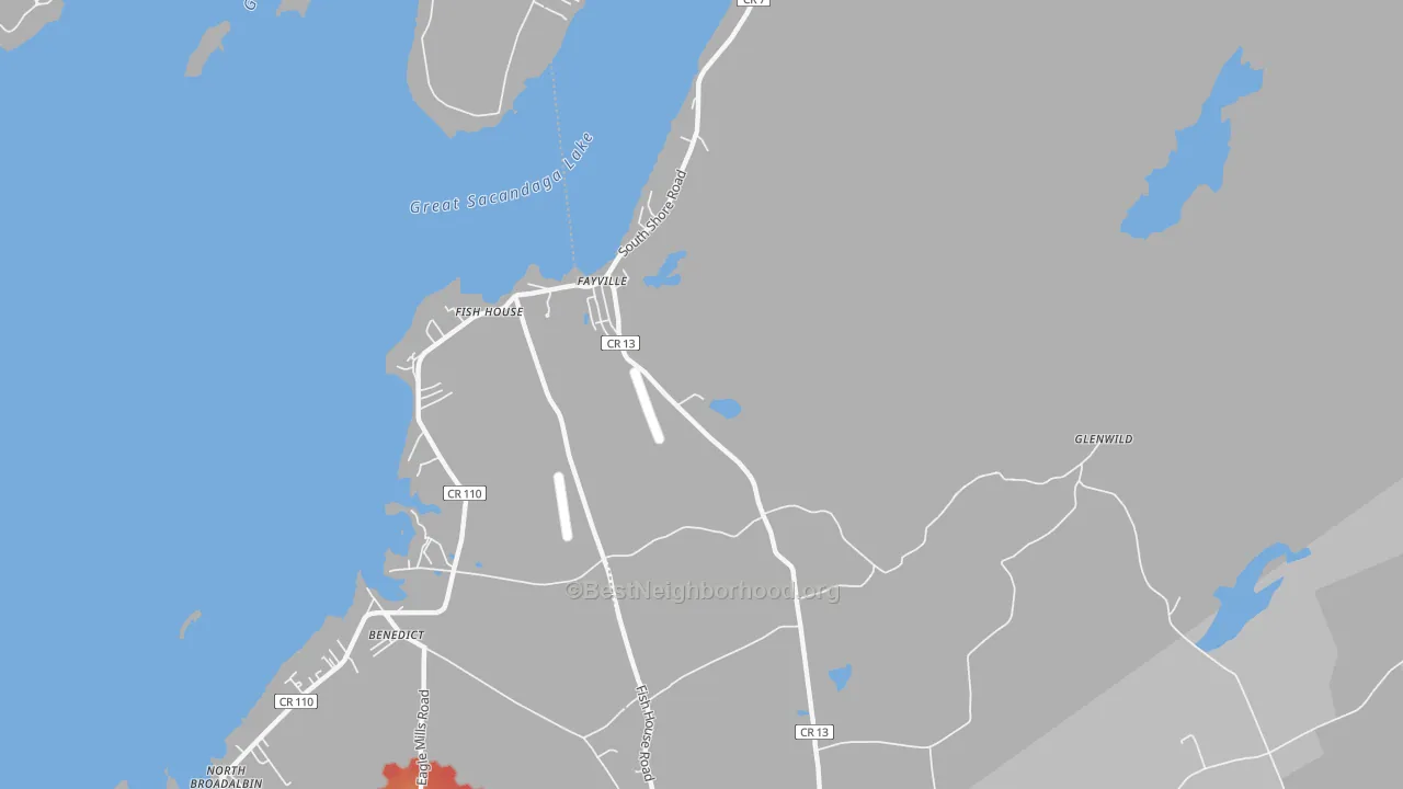 Walk Grade map of Fish House, NY, walkable areas in green and car-dependent areas in red