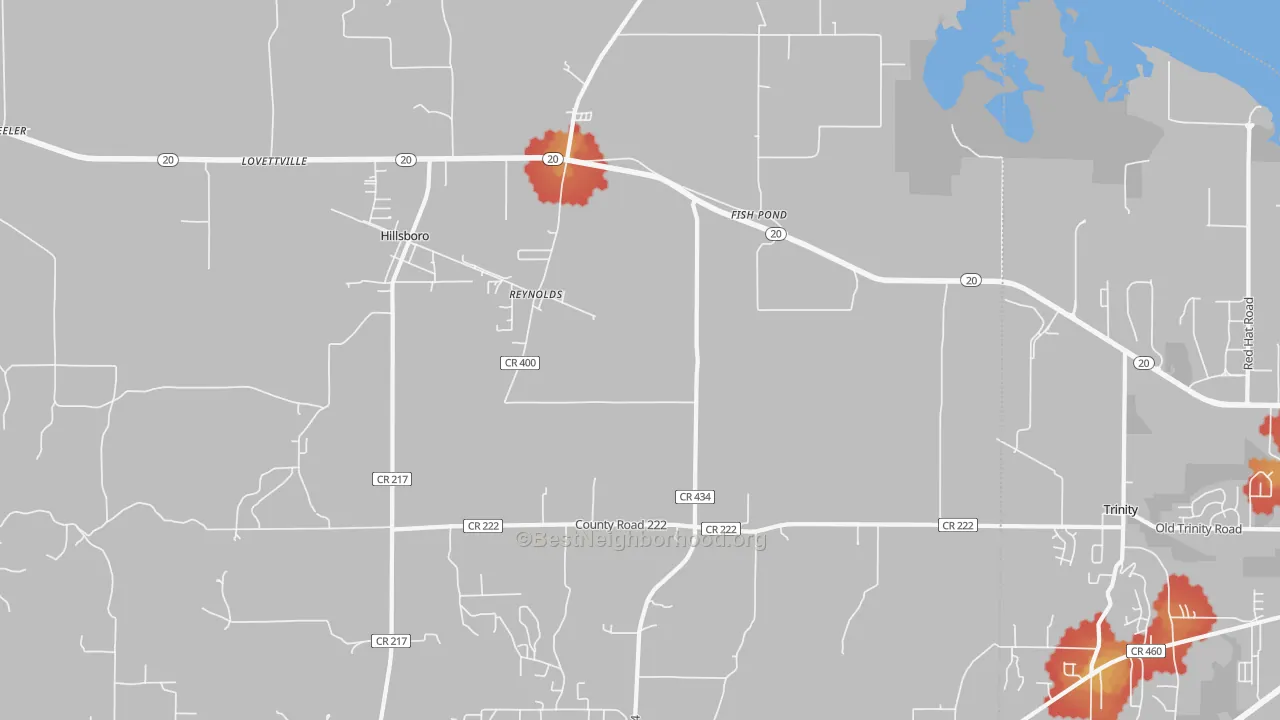 Walk Grade map of Fish Pond, AL, walkable areas in green and car-dependent areas in red