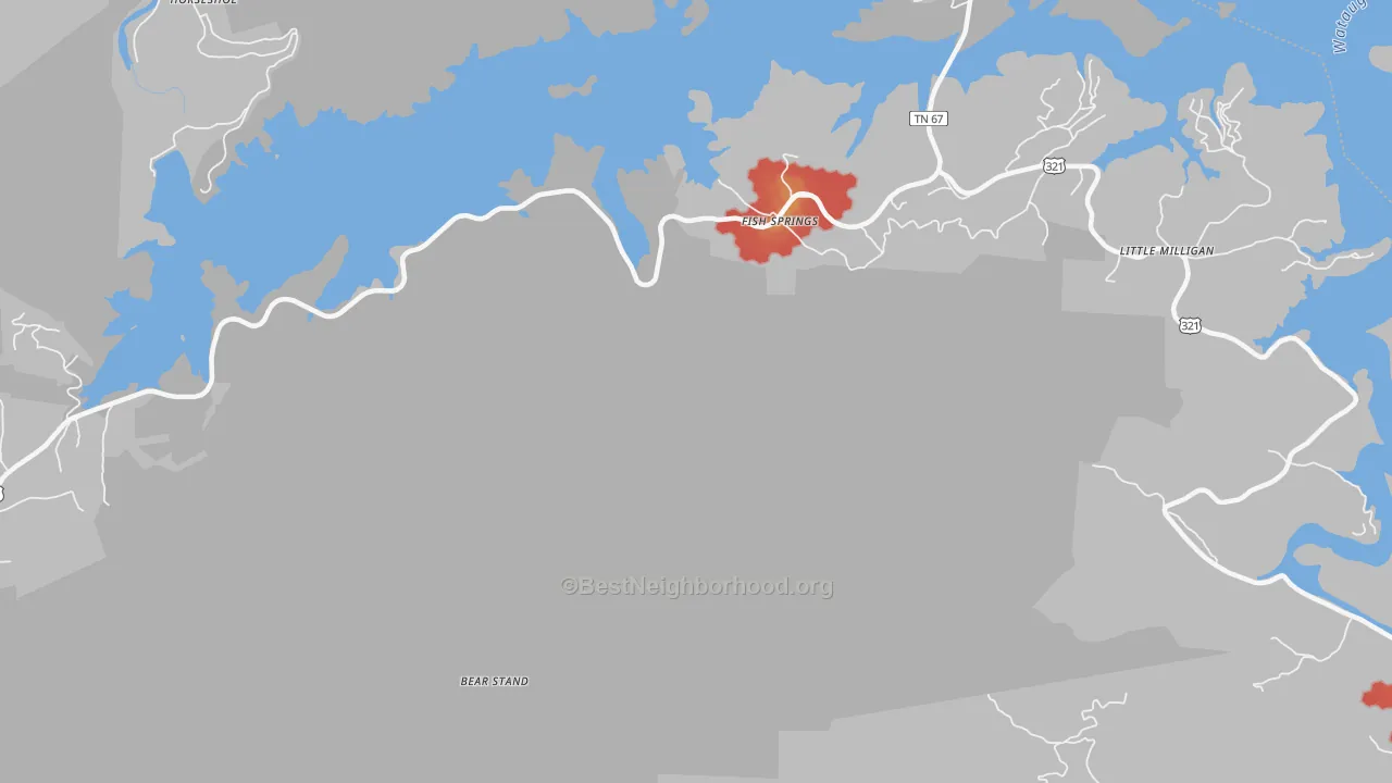 Walk Grade map of Fish Springs, TN, walkable areas in green and car-dependent areas in red