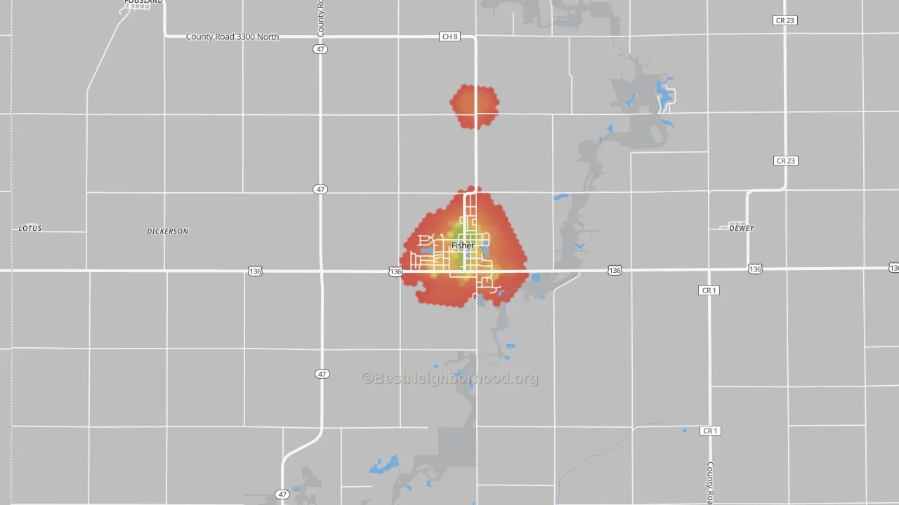 Walk Grade map of Fisher, IL, walkable areas in green and car-dependent areas in red