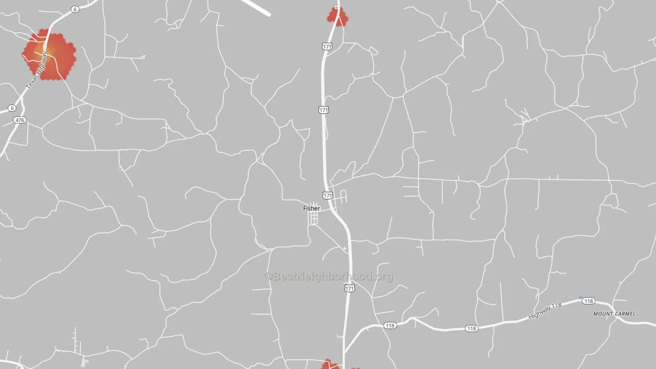Walk Grade map of Fisher, LA, walkable areas in green and car-dependent areas in red