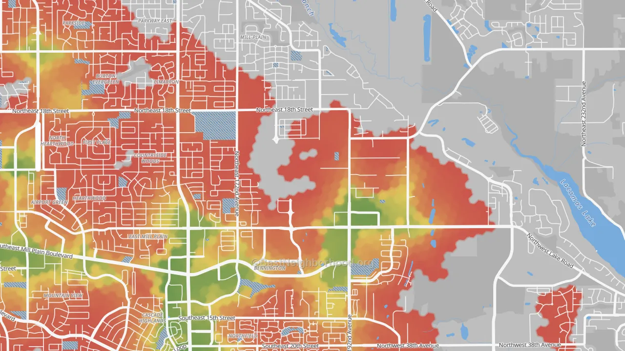 Walk Grade map of Fisher-Mill Plain-Fisher's Village, Vancouver, WA, walkable areas in green and car-dependent areas in red