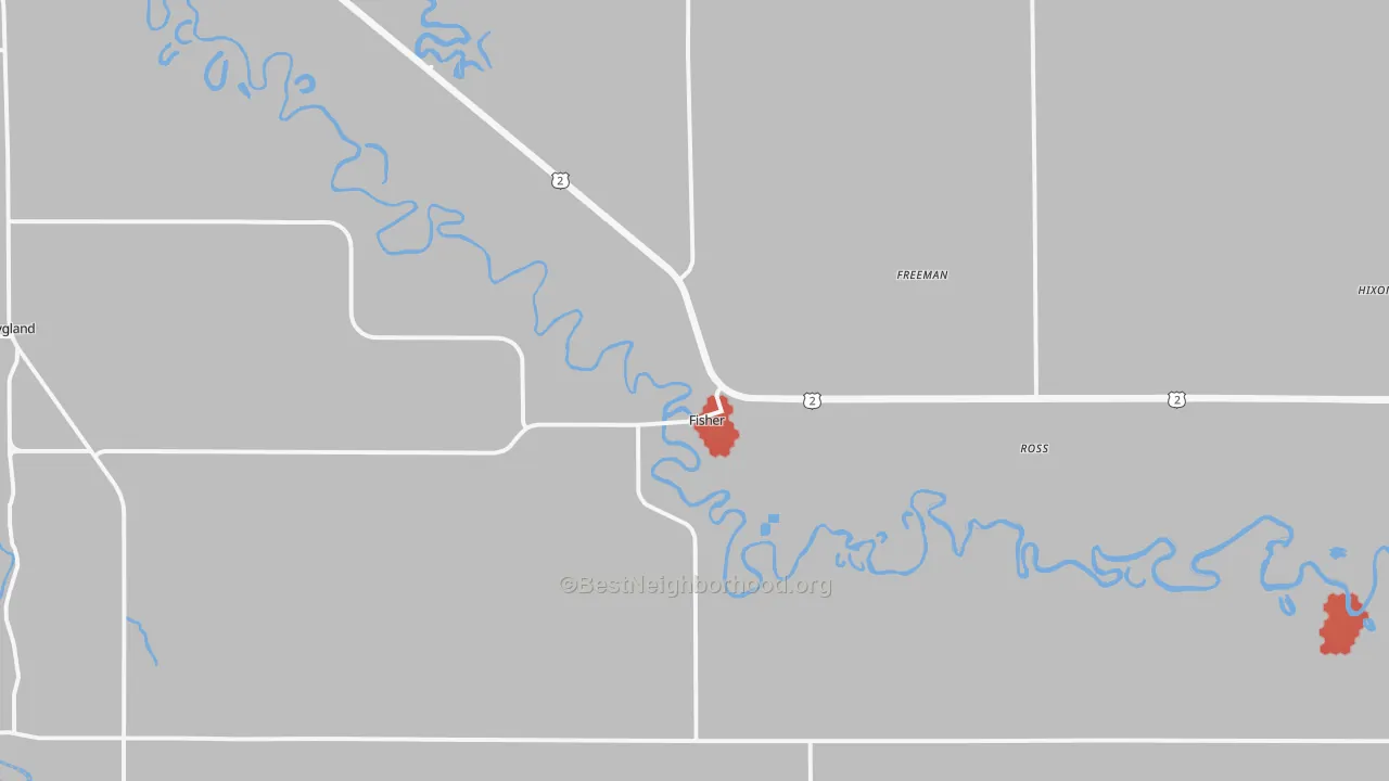 Walk Grade map of Fisher, MN, walkable areas in green and car-dependent areas in red